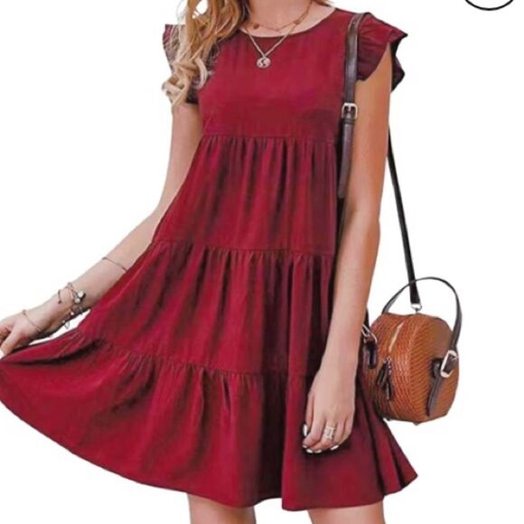 Tiered Maroon Red Ruffle Sleeve Cotton Mini Dress Size M - Picture 1 of 4